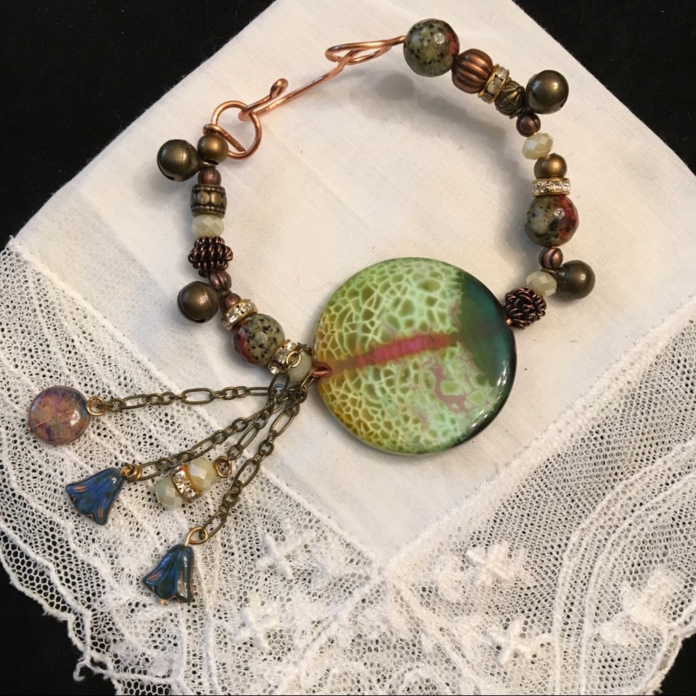 Bracelet, 2 Side Onyx, Copper Wire, Beaded, 7” NEW